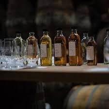 A professional virtual whisky tasting experience setup with laptop and samples