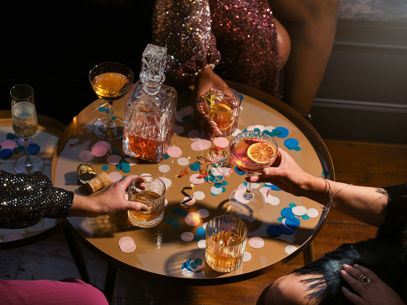 A professional whisky tasting setup with flight board and glasses