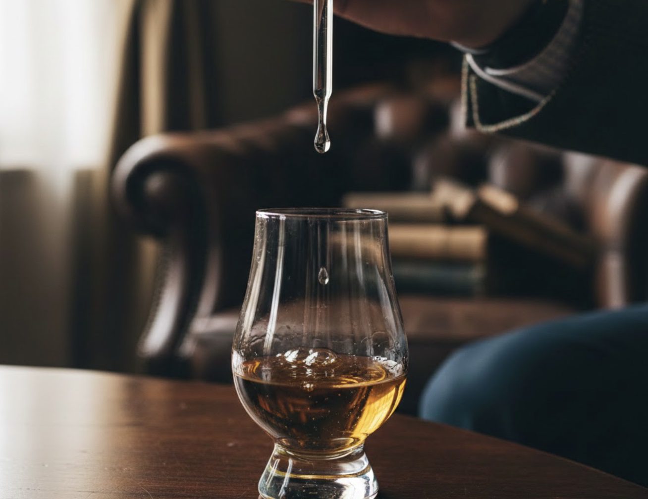 Dropping a single drop of water into a glass of golden whisky