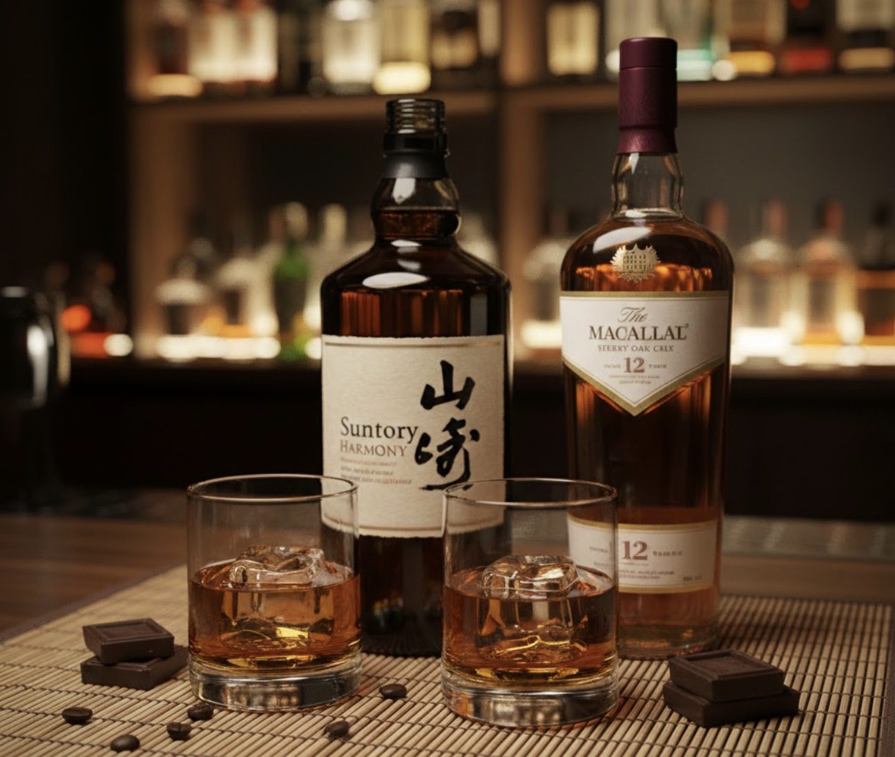 Comparison of Scotch vs Japanese Whisky bottles