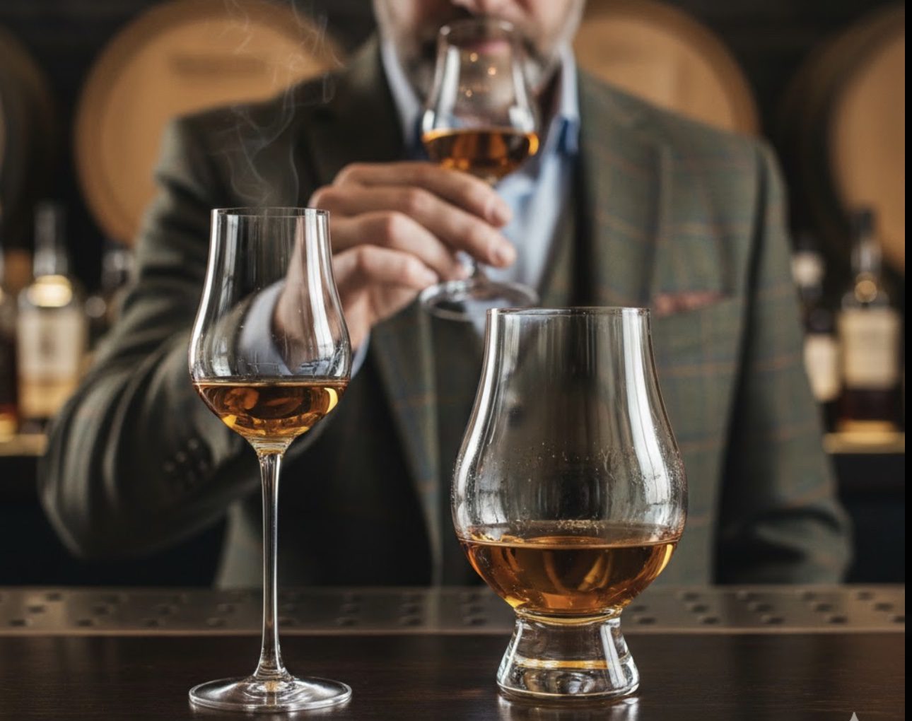 Glencairn vs Copita comparison showing stemmed tasting glass