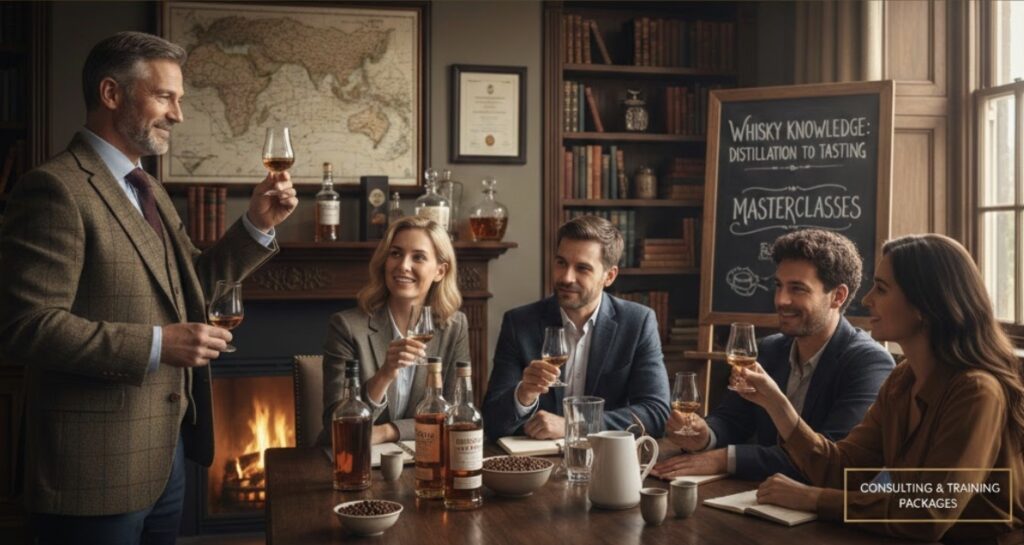 A professional whisky consulting expert in a tweed jacket leading a tasting session for a group in a traditional library setting.