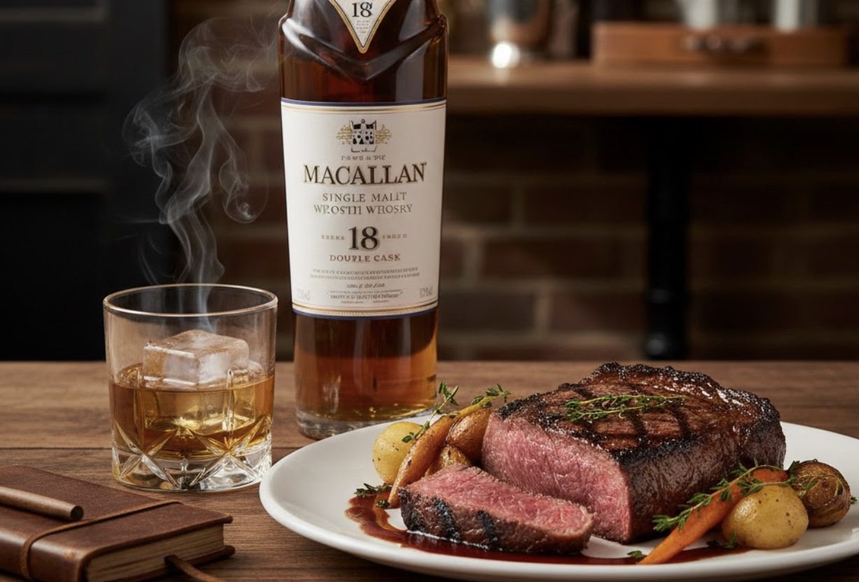 The Char and The Dram: The Ultimate Whisky and Steak Pairing Guide (2026) 1 Perfectly cooked steak paired with a glass of whisky on a dining table