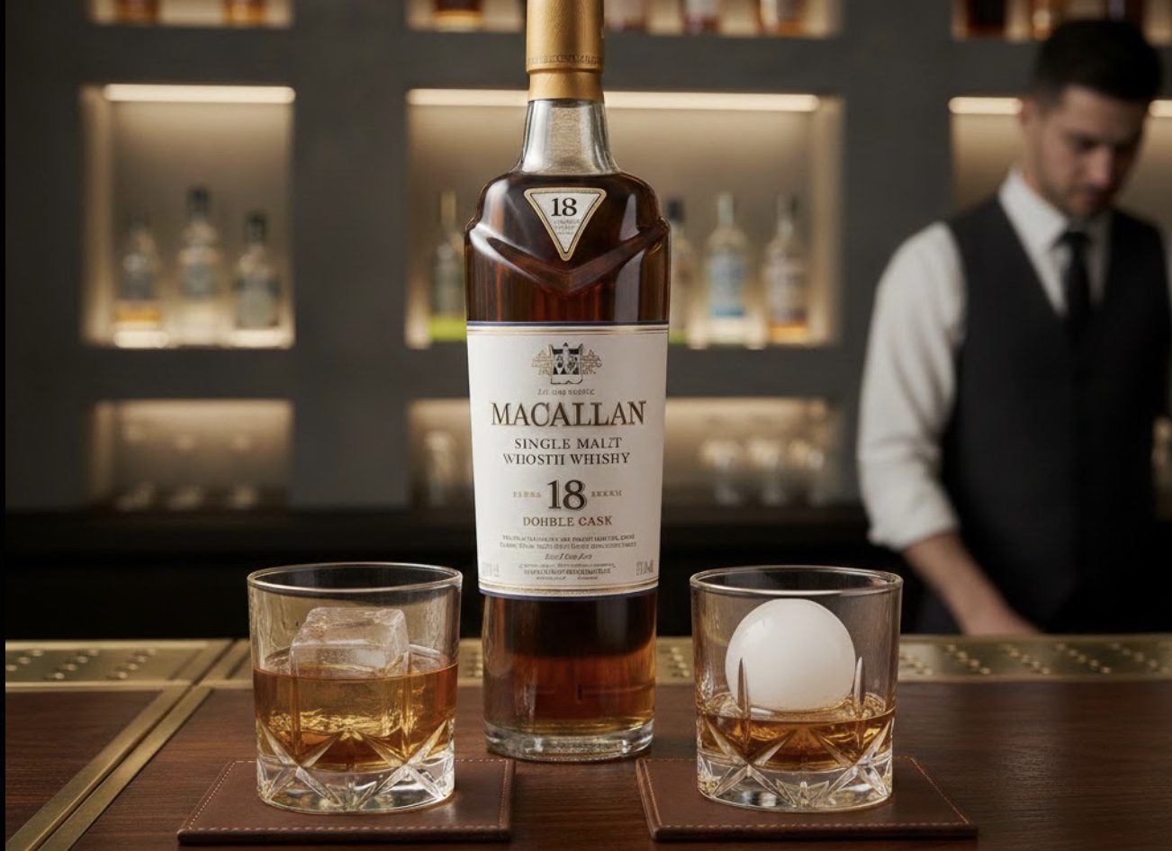 Comparison of a crystal clear ice sphere and a standard ice cube in whiskey glasses