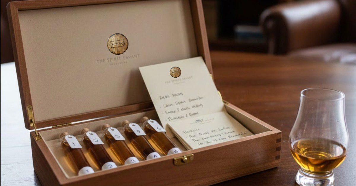 A photorealistic image of a premium whiskey tasting gift set, with 30ml dram bottles and Glencairn glasses in a black presentation box.