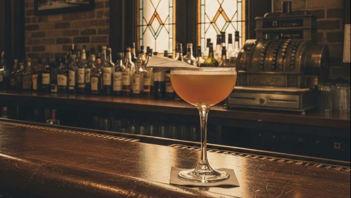 Paper Plane cocktail in a coupe glass with a small paper plane garnish