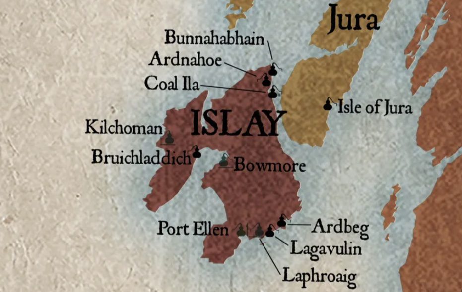 Islay Distilleries Map concept with bottles of Ardbeg Laphroaig and Lagavulin