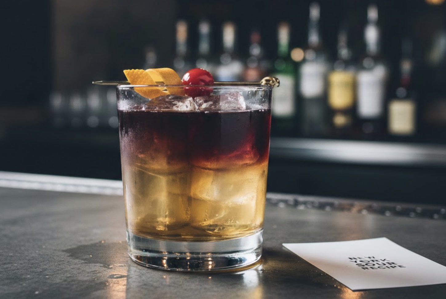 A New York Sour cocktail with a perfect red wine float on top of whiskey