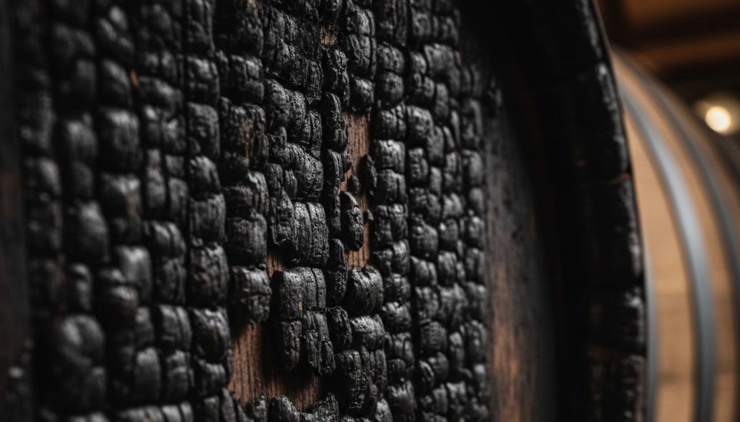 Close up of charred oak barrel staves illustrating vanillin in whisky production