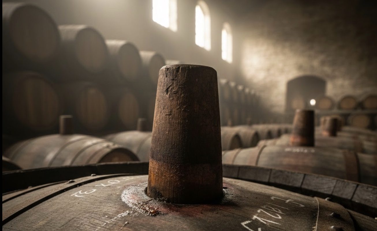 A traditional wooden whisky barrel bung sealing a cask in a dunnage warehouse
