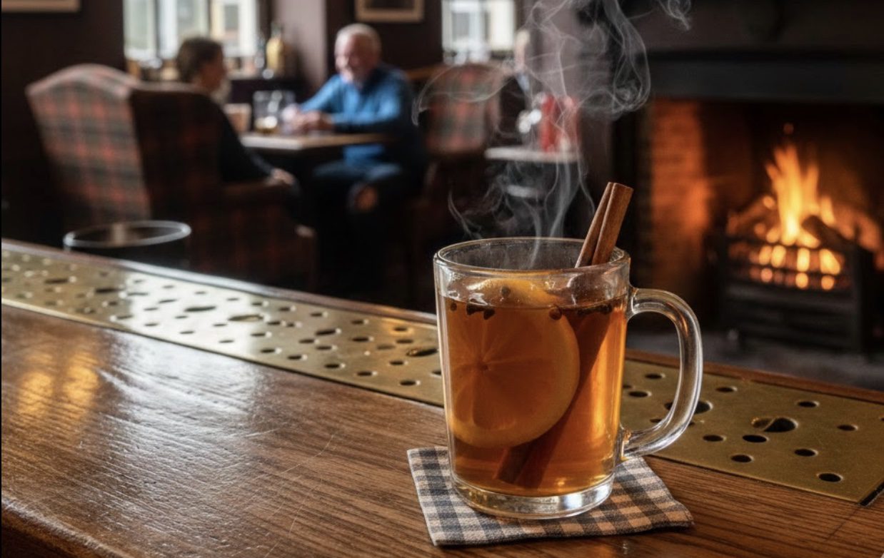 Steaming mug of Hot Toddy with lemon slice and cinnamon stick
